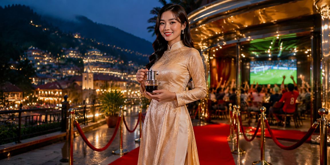 Người phụ nữ mặc áo dài tại Sa Pa xem kèo bóng đá trên điện thoại giữa khung cảnh núi rừng